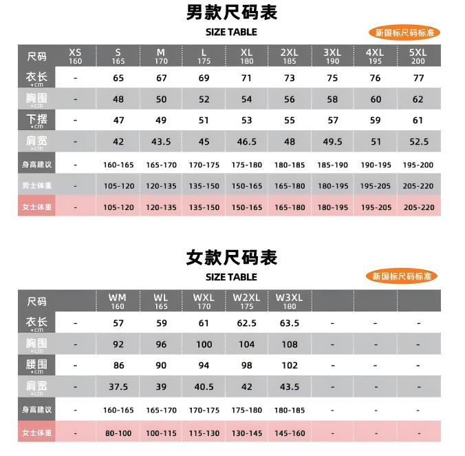 中信科移动五周年POLO衫男款及女款完整尺码表